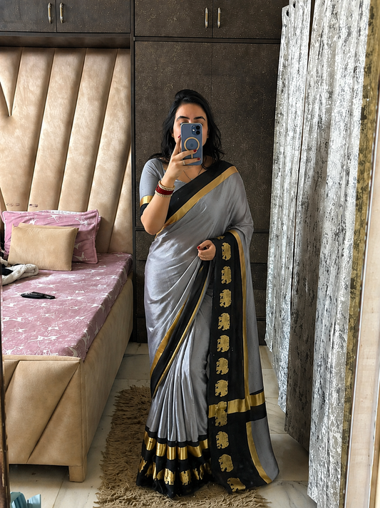 ELEPHANT BORDER Grey & Black Soft Cotton Silk Emerald Bloom Saree For Women
