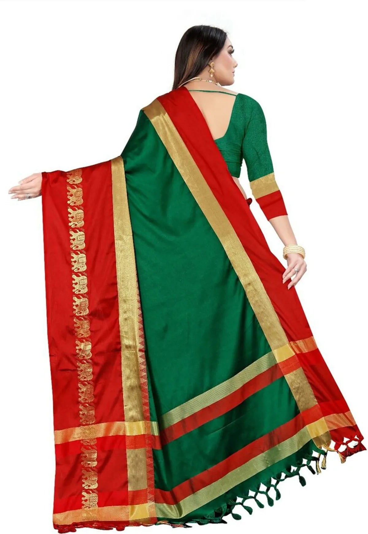 Green & Red  Soft Cotton Silk Auspicious Harmony Saree For Women