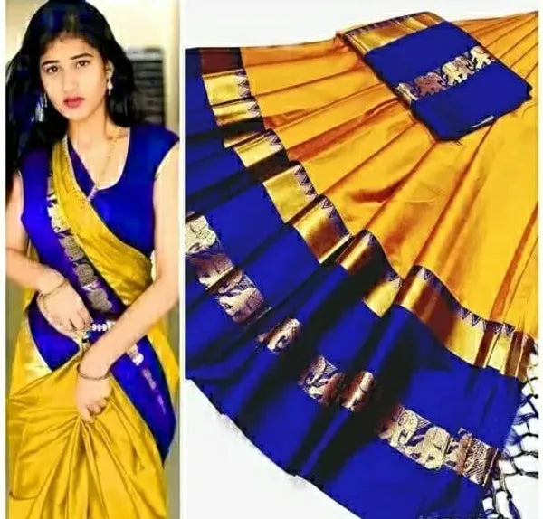 GOLD BLUE SOFT COTTON SILK SAPPHIRE RADIANCE SAREE FOR WOMEN
