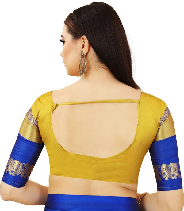 GOLD BLUE SOFT COTTON SILK SAPPHIRE RADIANCE SAREE FOR WOMEN