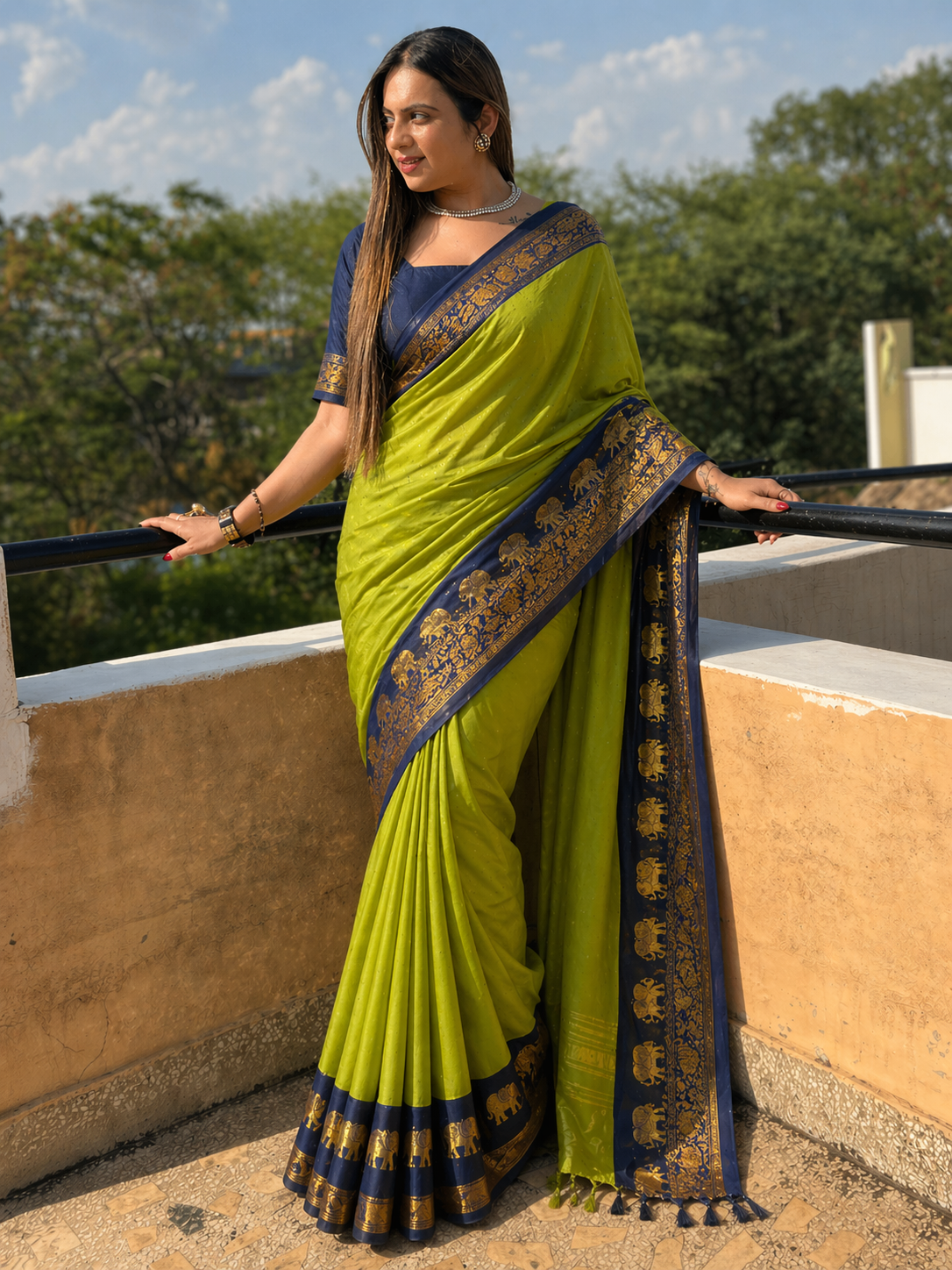 LIME GREEN BLUE SOFT COTTON SILK CITRUS OCEAN AURA SAREE