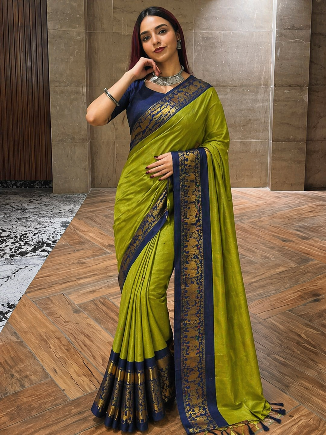 LIME GREEN BLUE SOFT COTTON SILK CITRUS OCEAN AURA SAREE