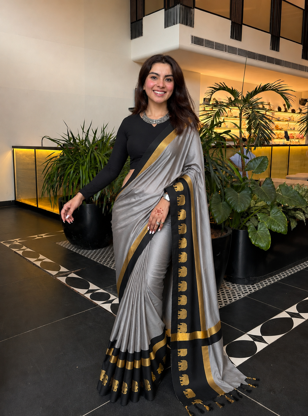 Grey & Black  Soft Cotton Silk Emerald Bloom Saree For Women With Running Blouse