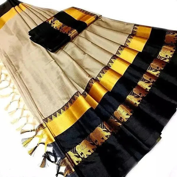 CHIKU & BLACK SOFT COTTON SILK ROYAL PROCESSION DRAPE SAREE