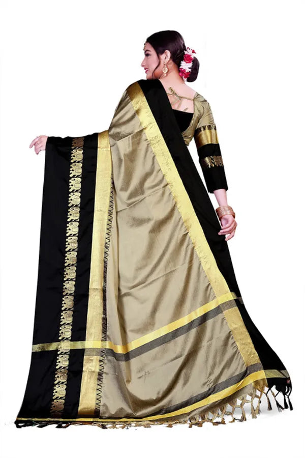 CHIKU & BLACK SOFT COTTON SILK ROYAL PROCESSION DRAPE SAREE