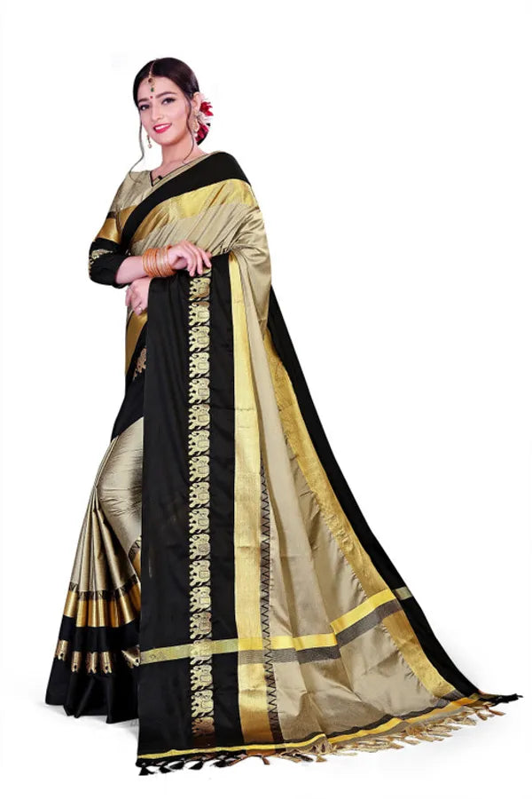 CHIKU & BLACK SOFT COTTON SILK ROYAL PROCESSION DRAPE SAREE