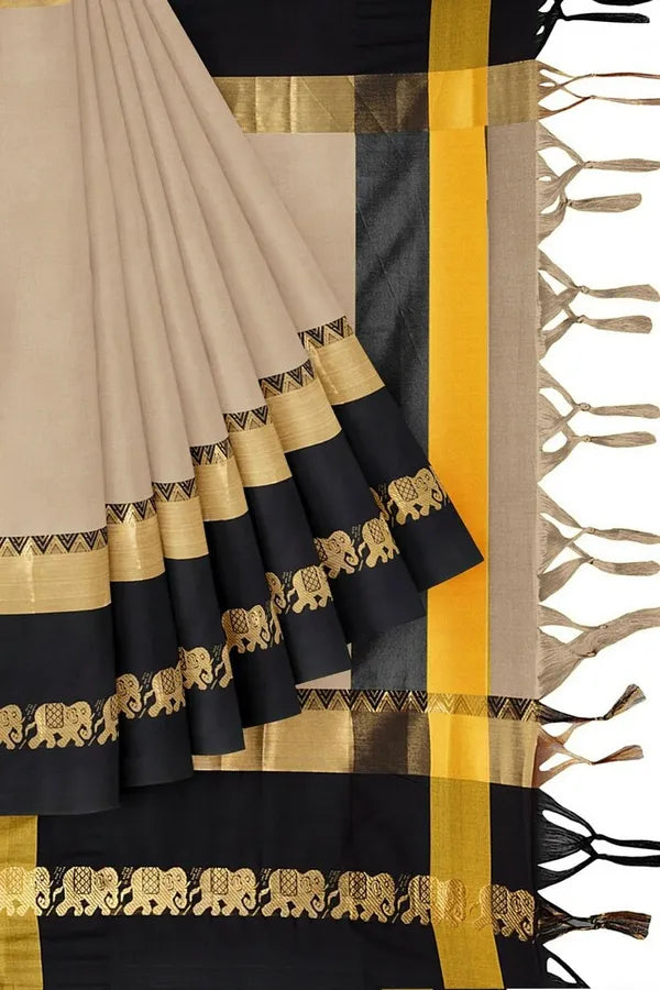 CHIKU & BLACK SOFT COTTON SILK ROYAL PROCESSION DRAPE SAREE