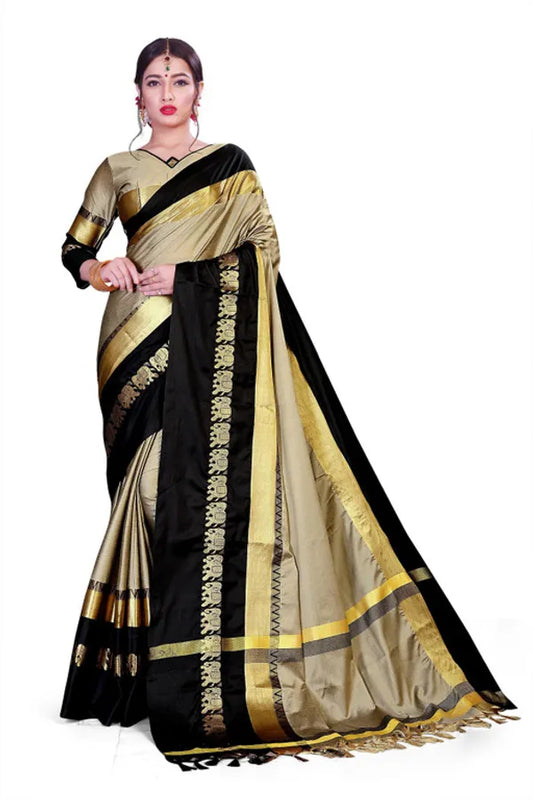 CHIKU & BLACK SOFT COTTON SILK ROYAL PROCESSION DRAPE SAREE