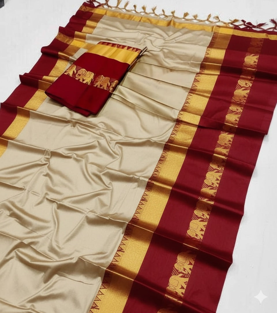 Tussar & Saliyum Soft Cotton Silk Emerald Bloom Saree For Women
