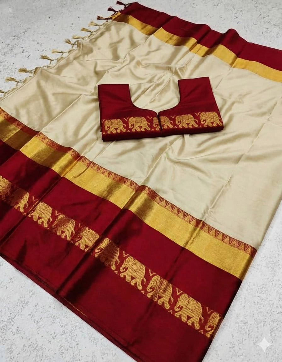 Tussar & Saliyum Soft Cotton Silk Emerald Bloom Saree For Women